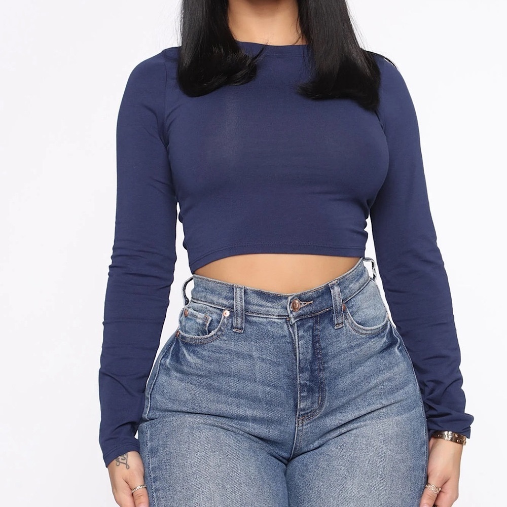 Fashion Nova Long Sleeve Crop Top Navy Blue